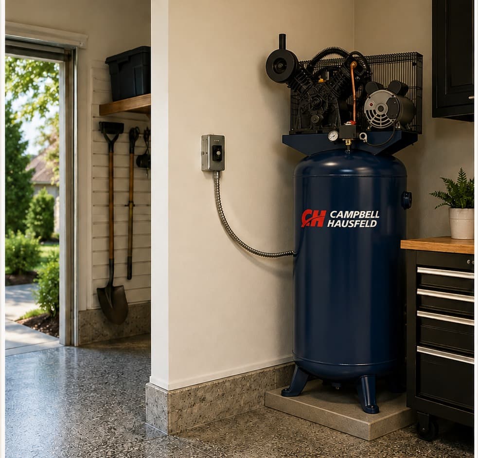 A wall-mounted disconnect box feeding a vertical air compressor in a finished garage