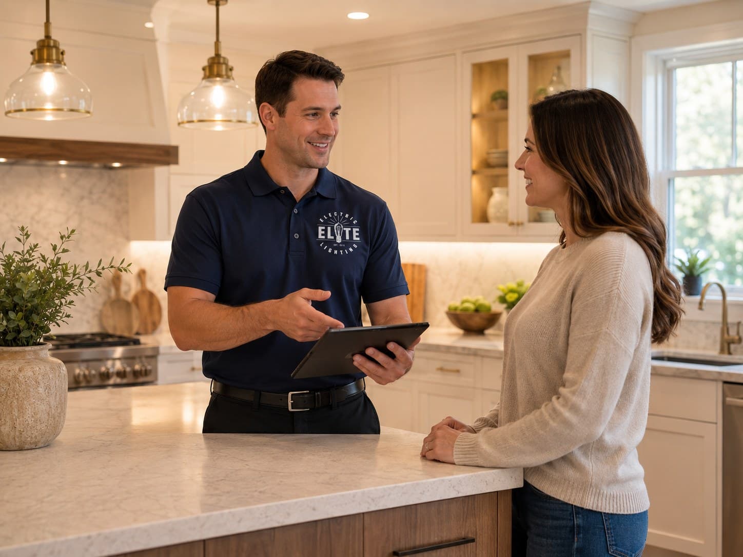 An electrician showing a homeowner a quote on a tablet in her kitchen
