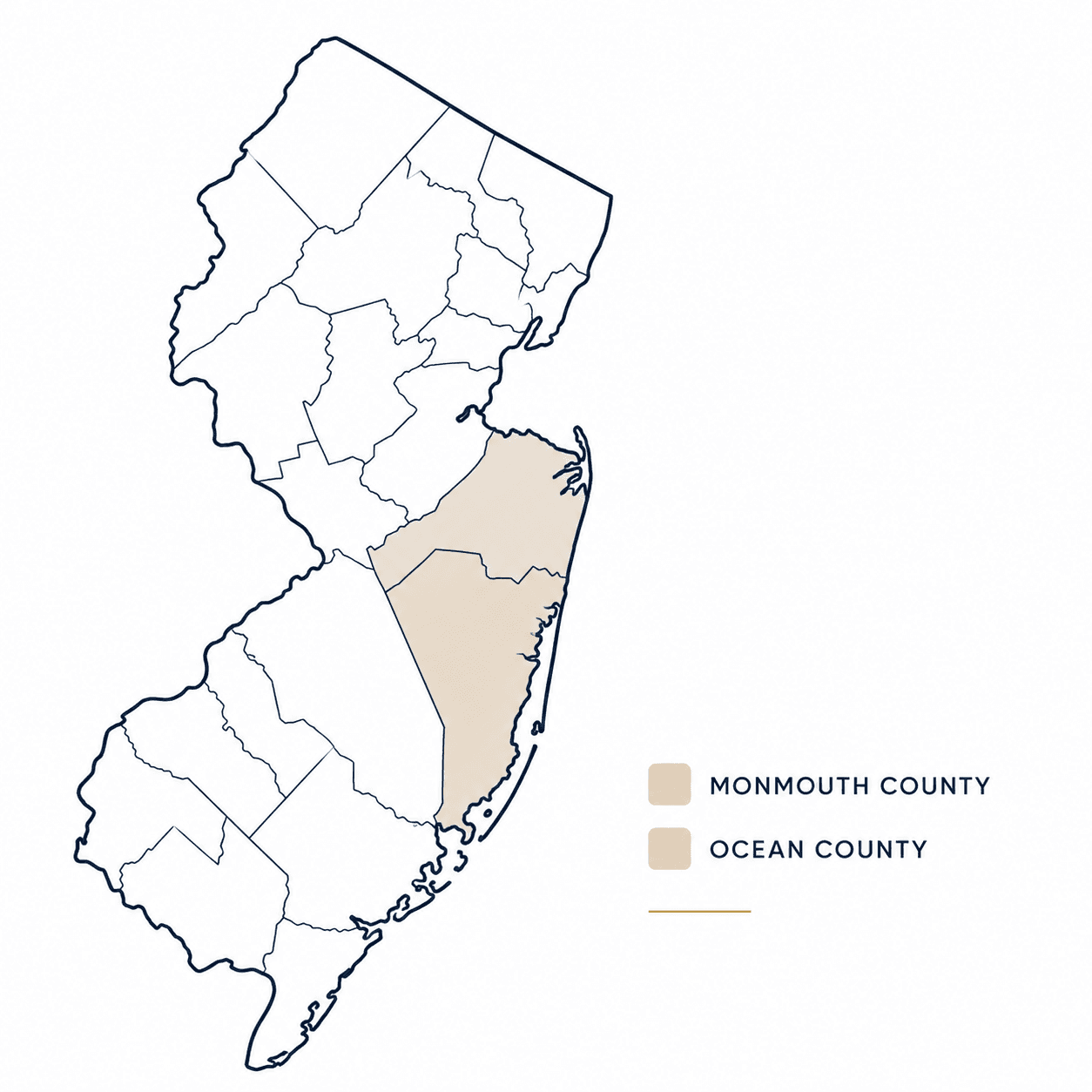Map of New Jersey with Monmouth and Ocean counties highlighted as our service area