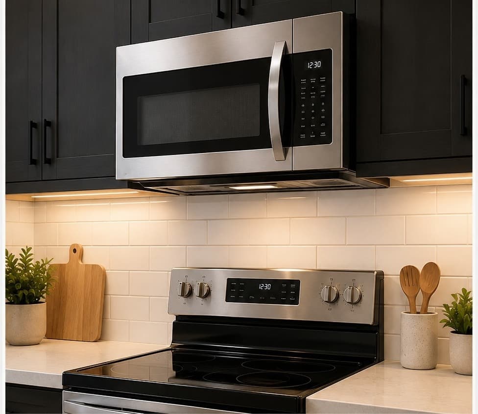 A stainless steel over-the-range microwave installed above a range