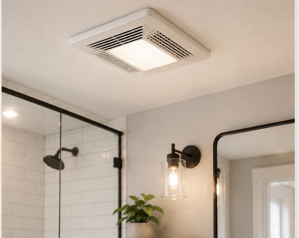 A ceiling-mounted bathroom exhaust fan with an integrated light above a tiled walk-in shower