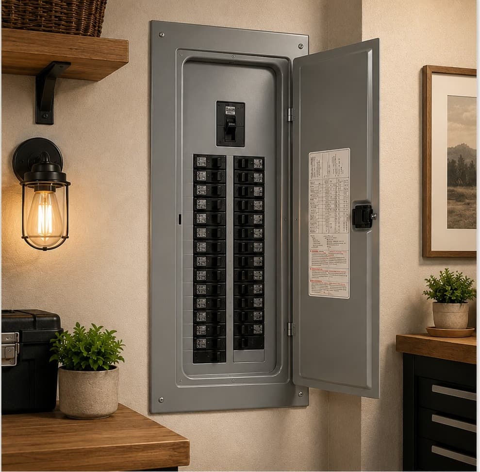 An open electrical panel showing neatly organized breakers