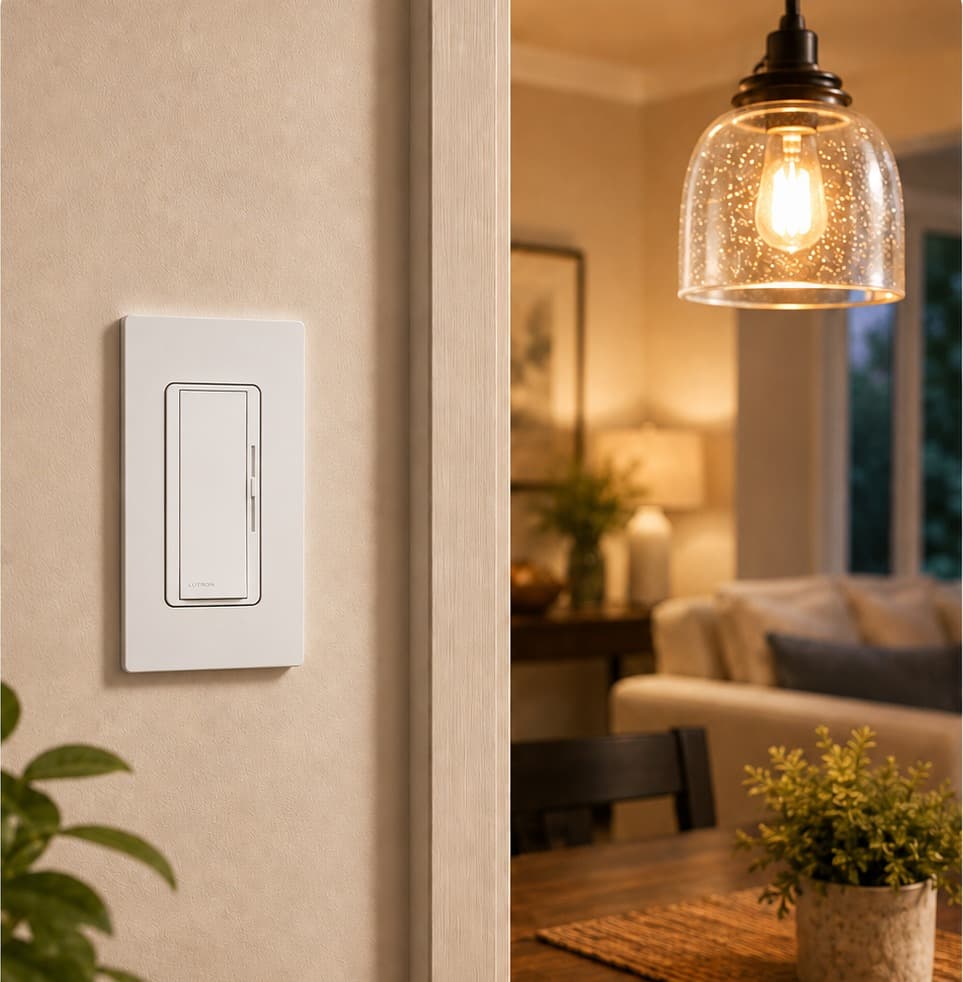 A wall dimmer switch beside a warmly lit pendant fixture