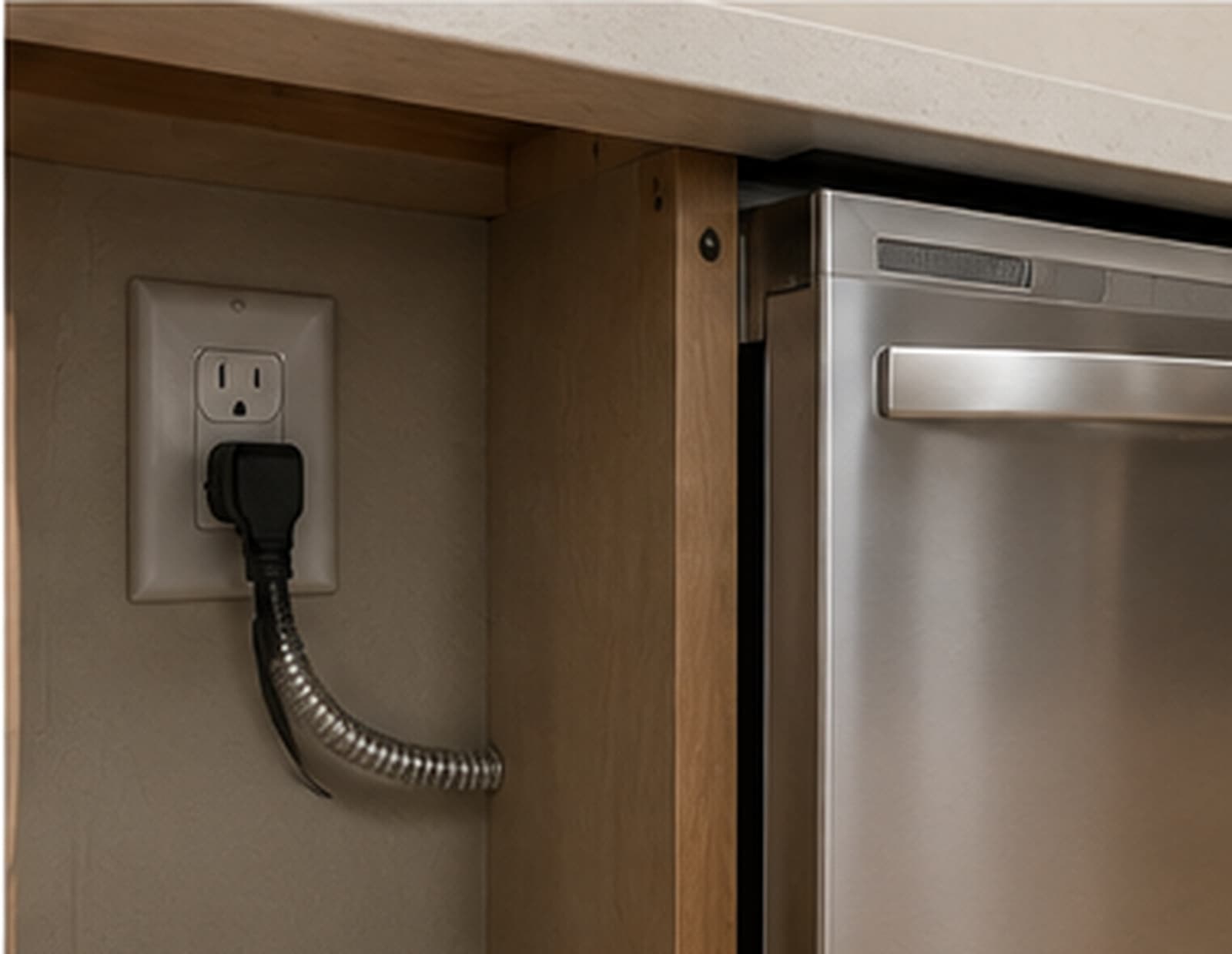 An outlet and flexible conduit connecting a dishwasher inside a cabinet