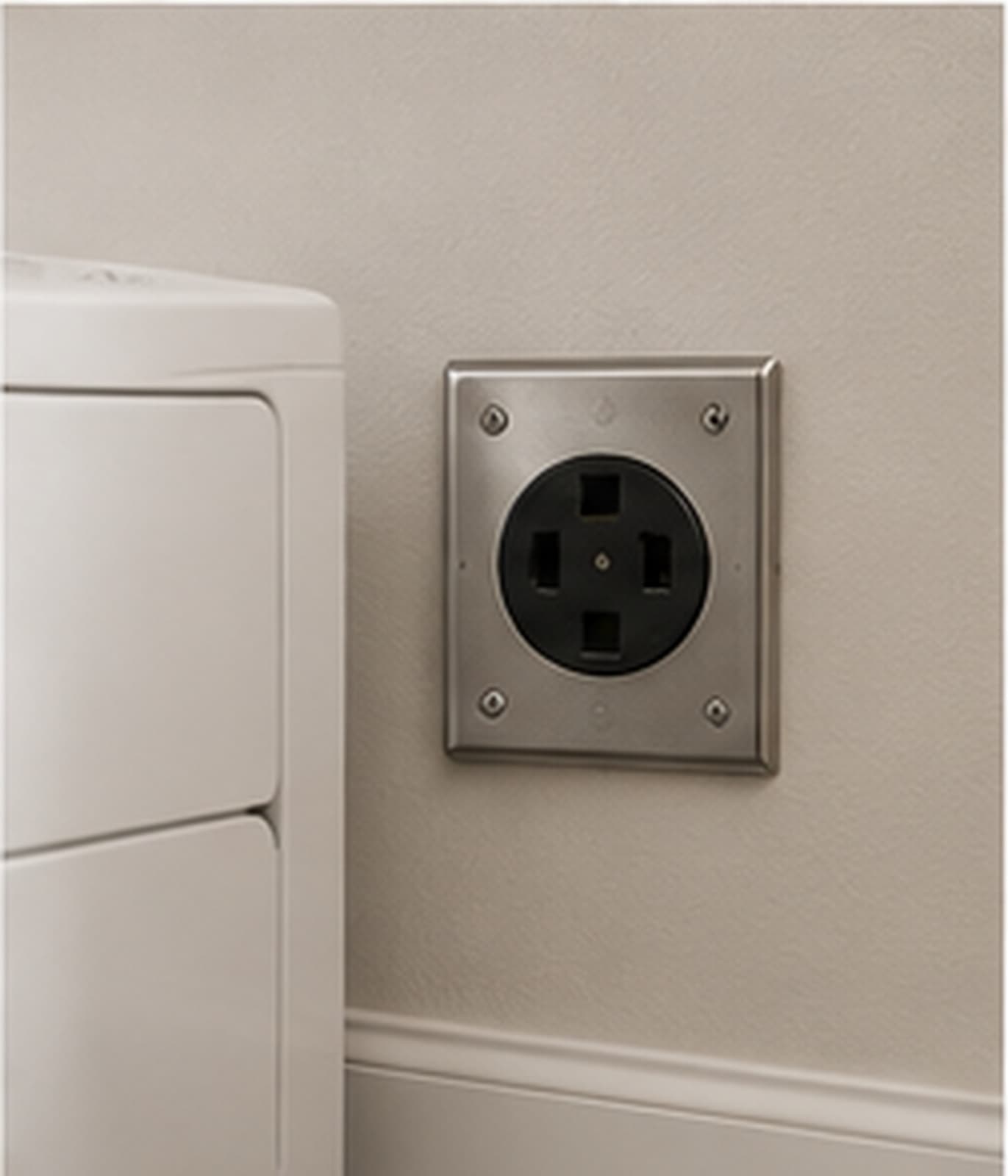 A four-prong 240V dryer receptacle on a laundry-room wall beside a dryer