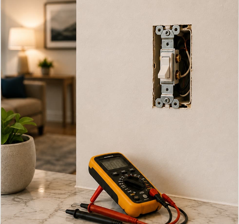 A digital multimeter with test leads resting beside an opened wall switch box