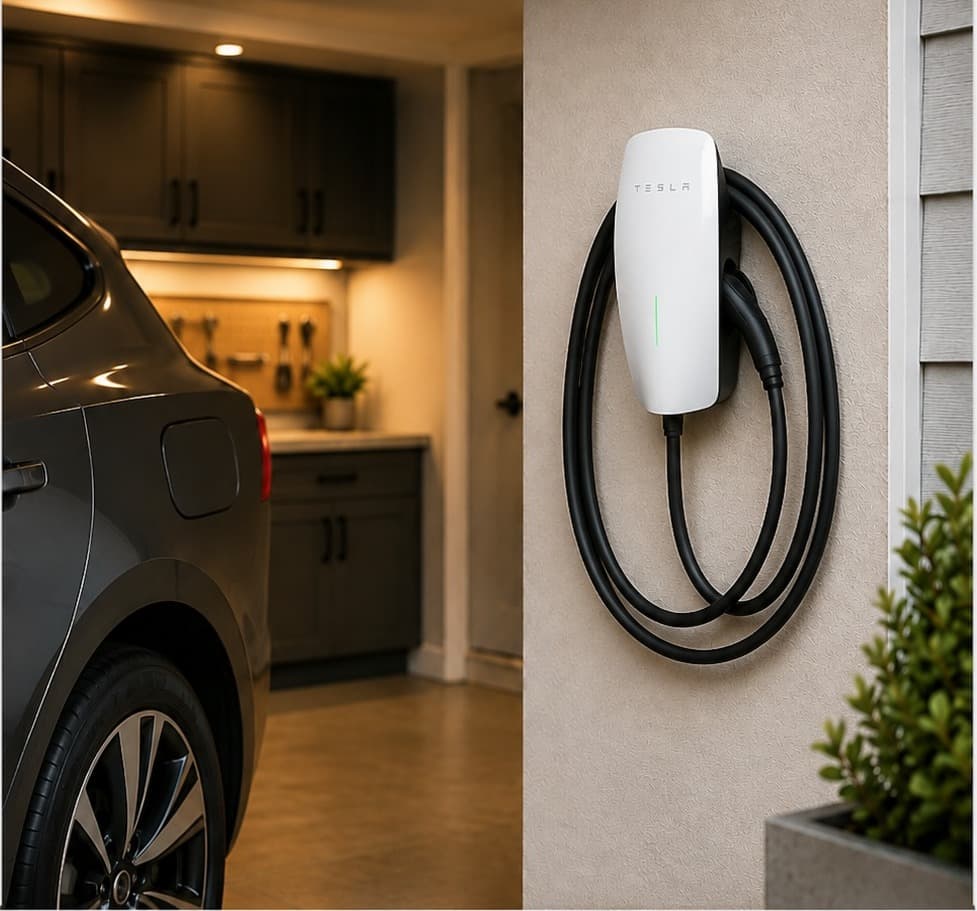 A Level 2 EV charger mounted on a garage exterior wall next to a parked electric vehicle