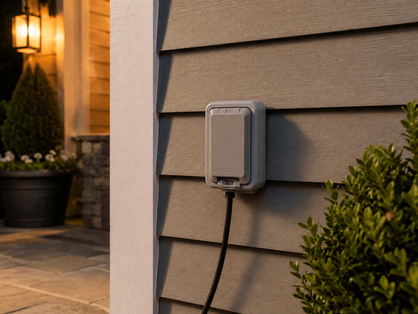 A weatherproof exterior GFCI outlet, cover open, installed on a home's siding