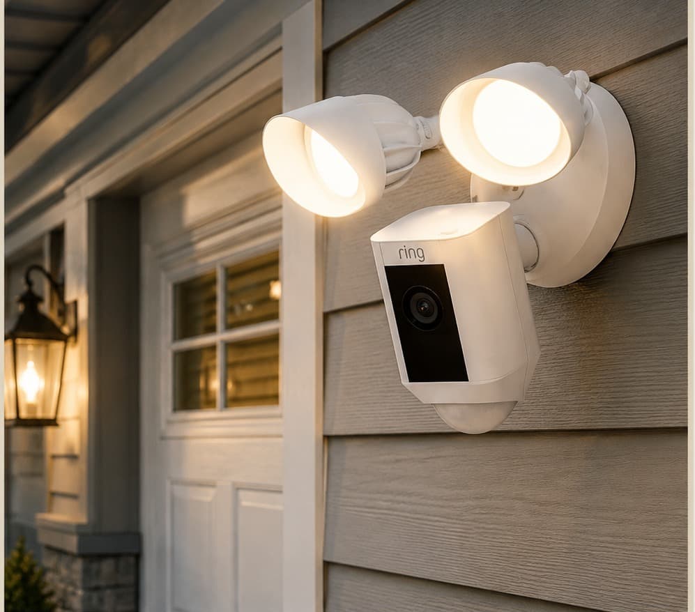 A floodlight security camera mounted on a home exterior at dusk