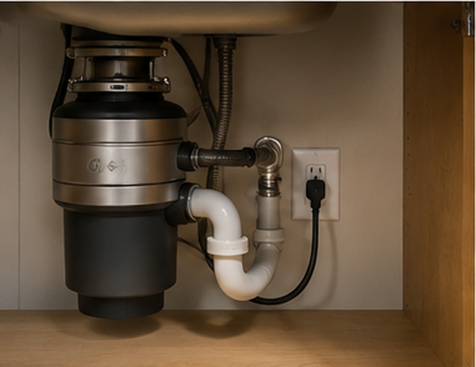 A garbage disposal unit plugged into an outlet under a kitchen sink