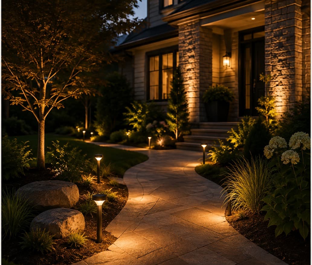 Path lights and uplighting illuminating a stone walkway and front entry at dusk
