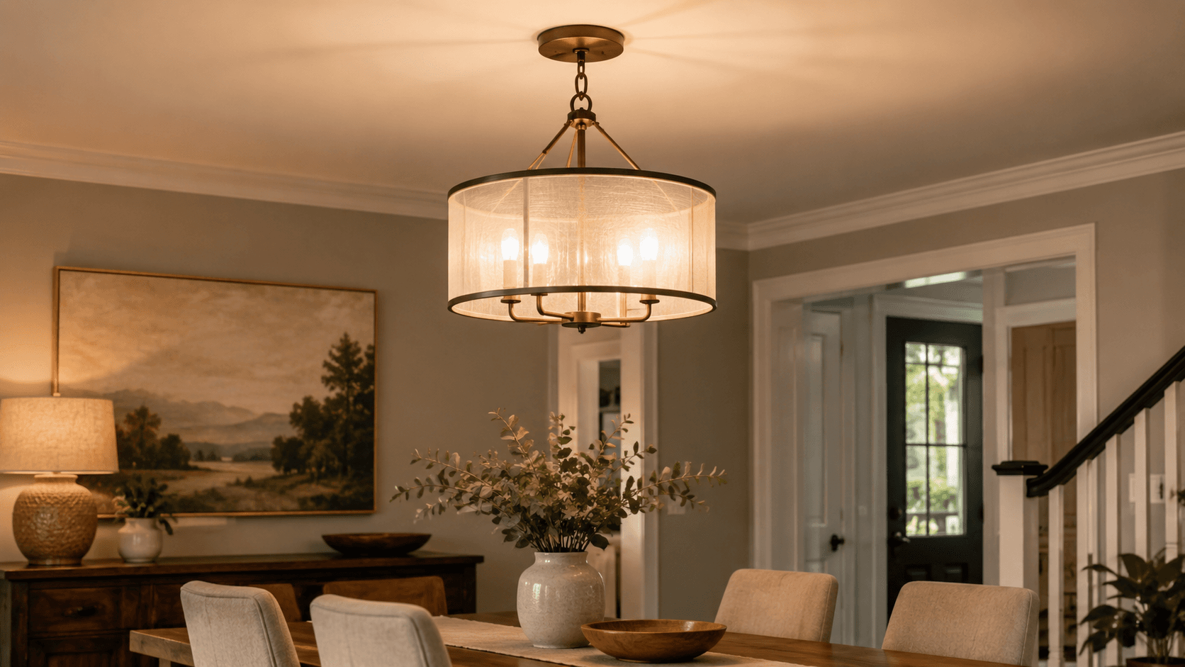An elegant drum-shade pendant light fixture hanging above a dining room table