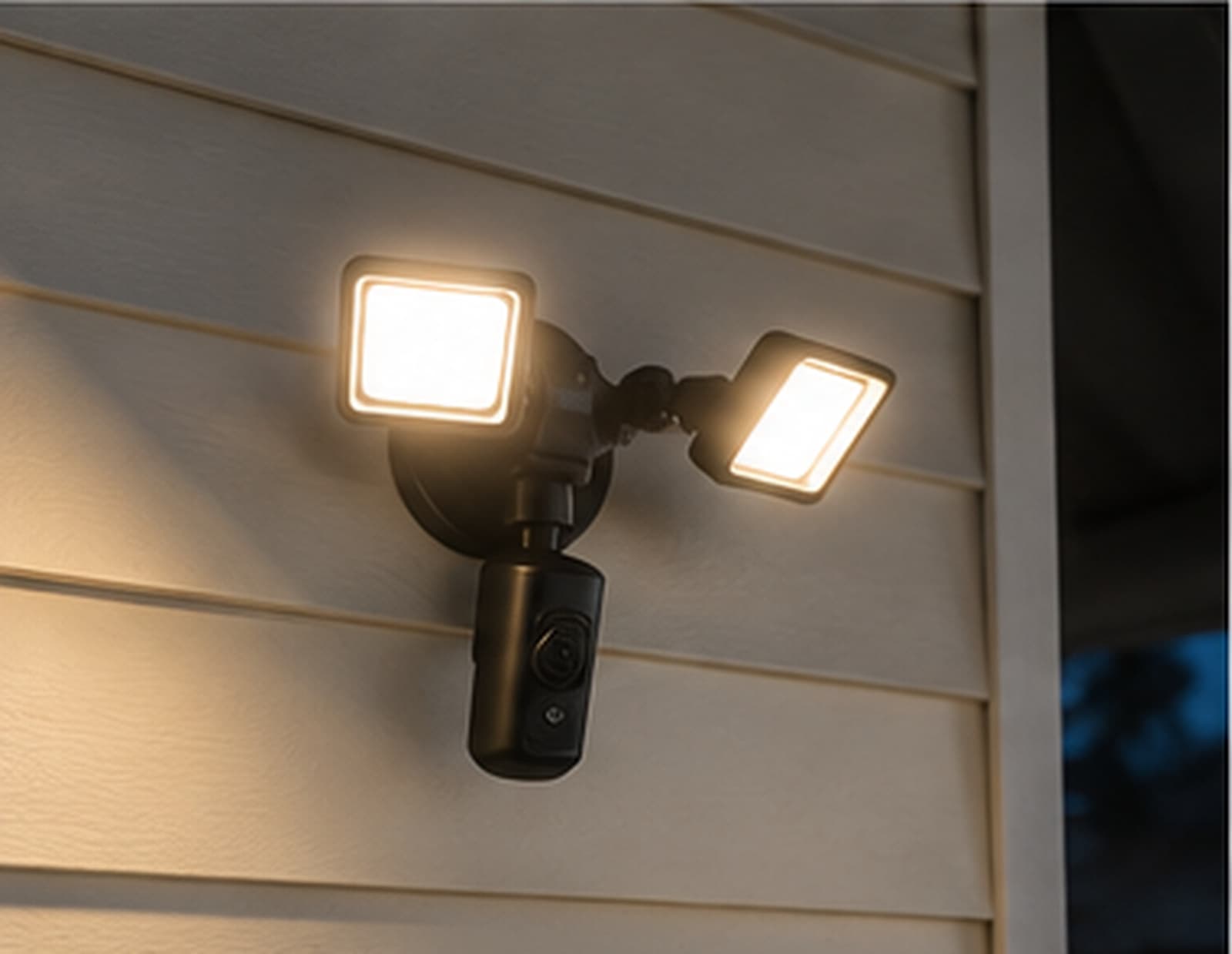 A twin-head exterior flood light lit against a home's siding at dusk