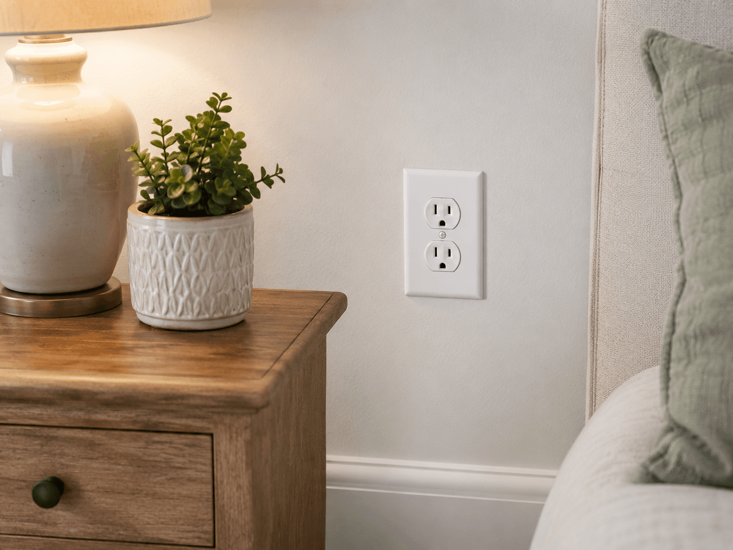 A clean white duplex outlet on a bedroom wall next to a nightstand