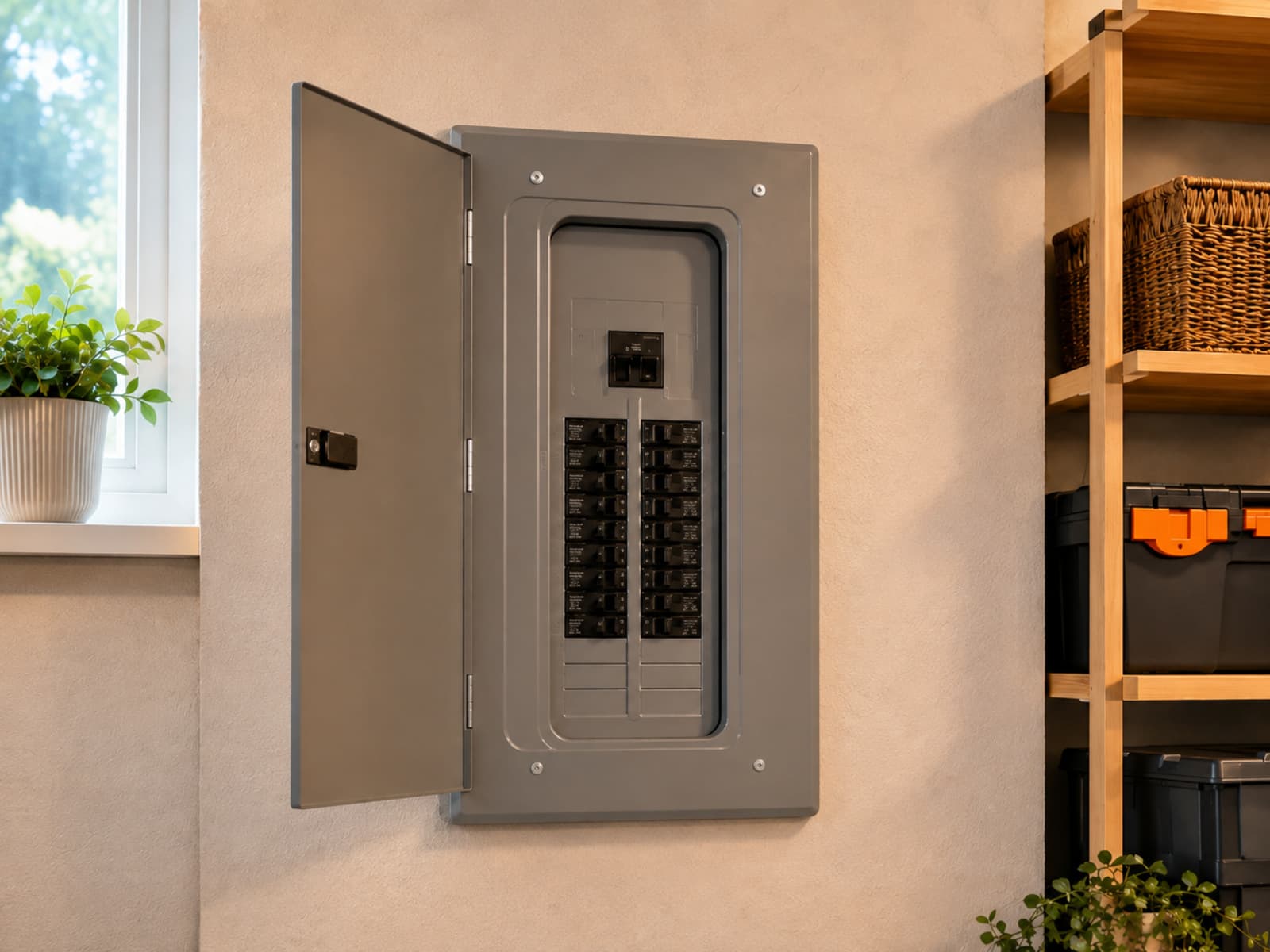 A newly installed electrical panel with its door open, breakers labeled