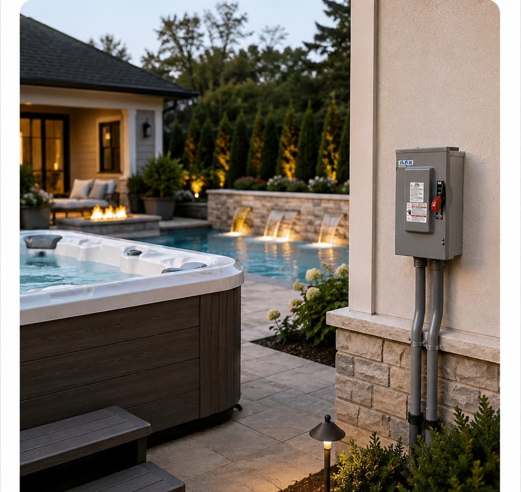 An exterior safety disconnect serving a hot tub and pool at dusk