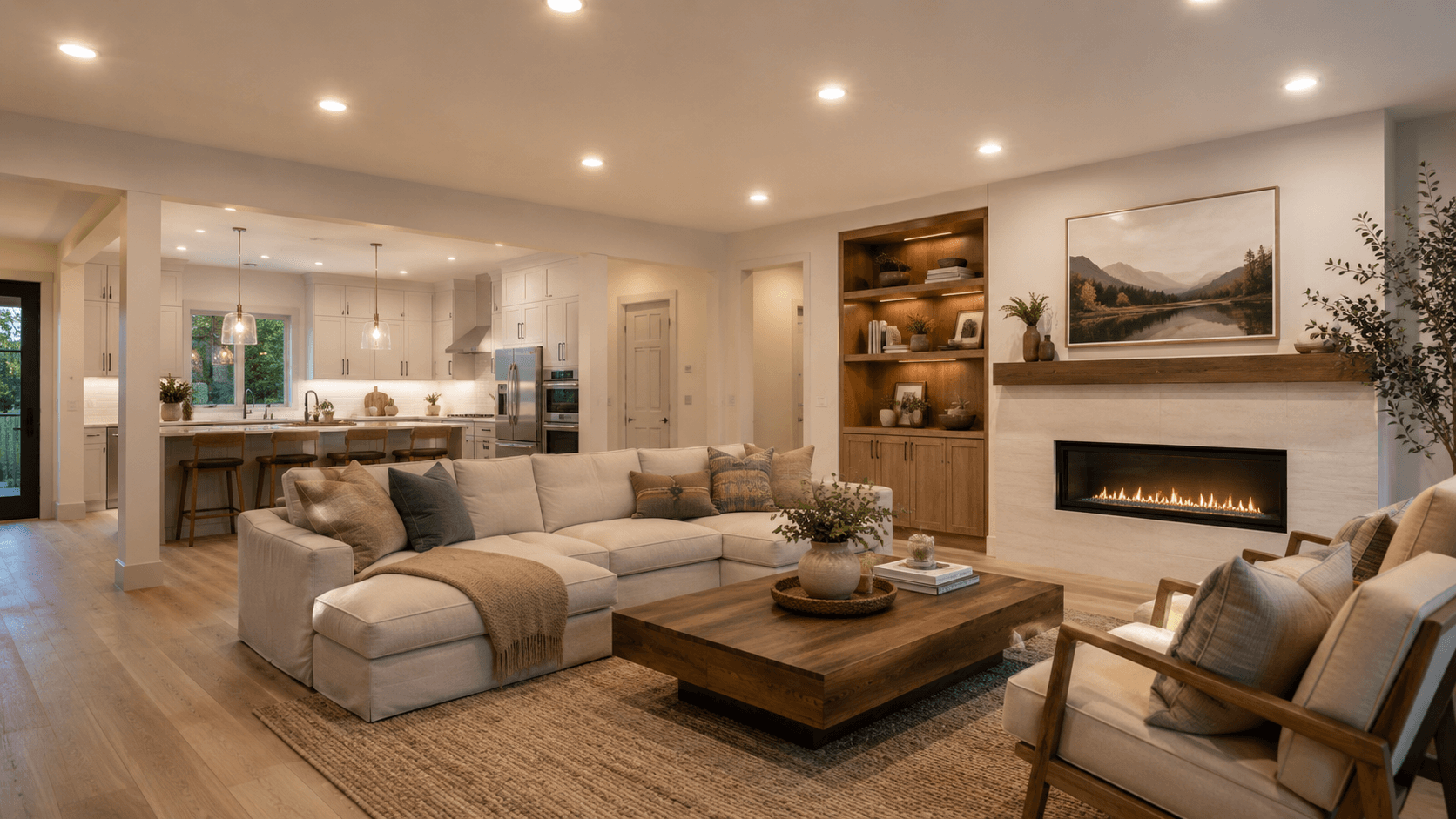 A living room ceiling with warm recessed can lighting installed throughout