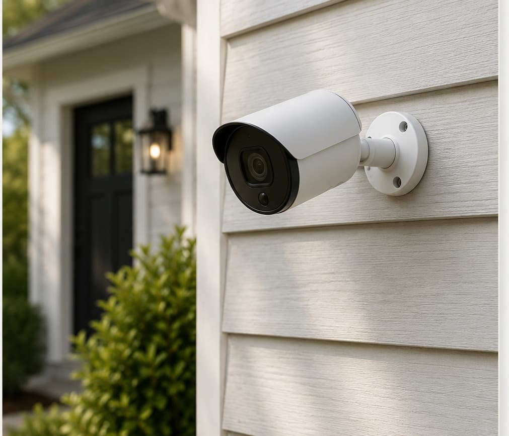 A bullet security camera mounted on lap siding beside a home's front entry