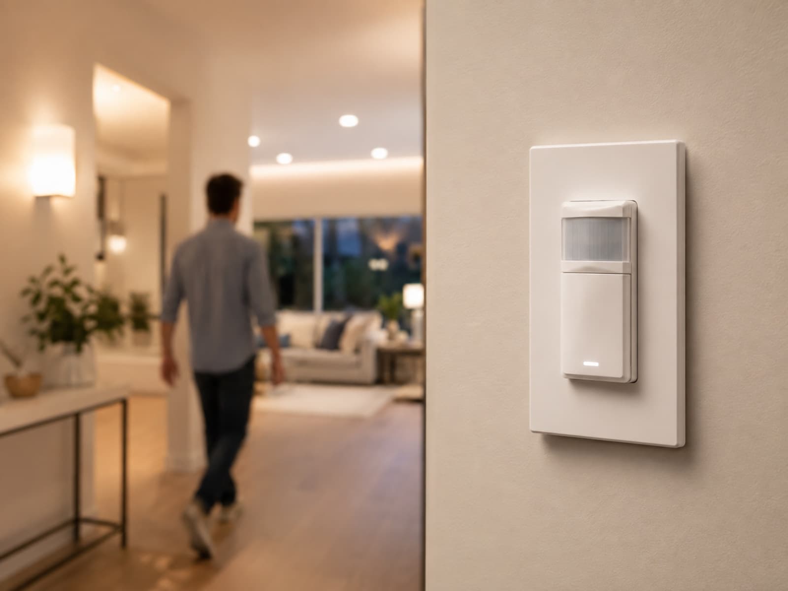 A smart wall switch installed in a hallway with lit rooms beyond