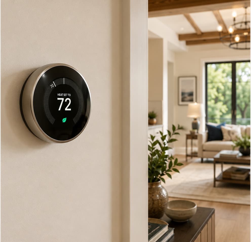 A round smart thermostat mounted on a wall with an open living room beyond