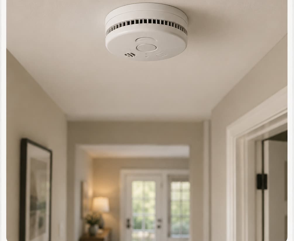 A combination smoke and carbon monoxide detector on a hallway ceiling
