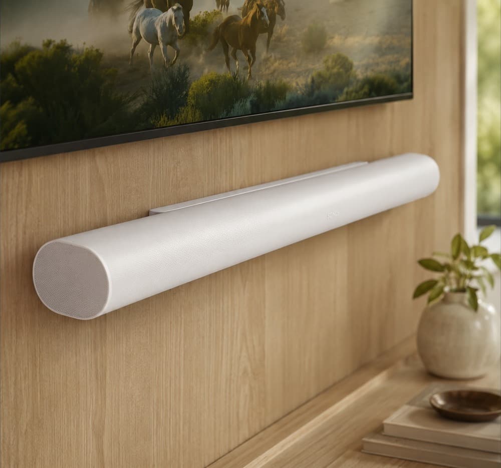 A wall-mounted soundbar installed below a flat-screen TV on a wood-panelled wall
