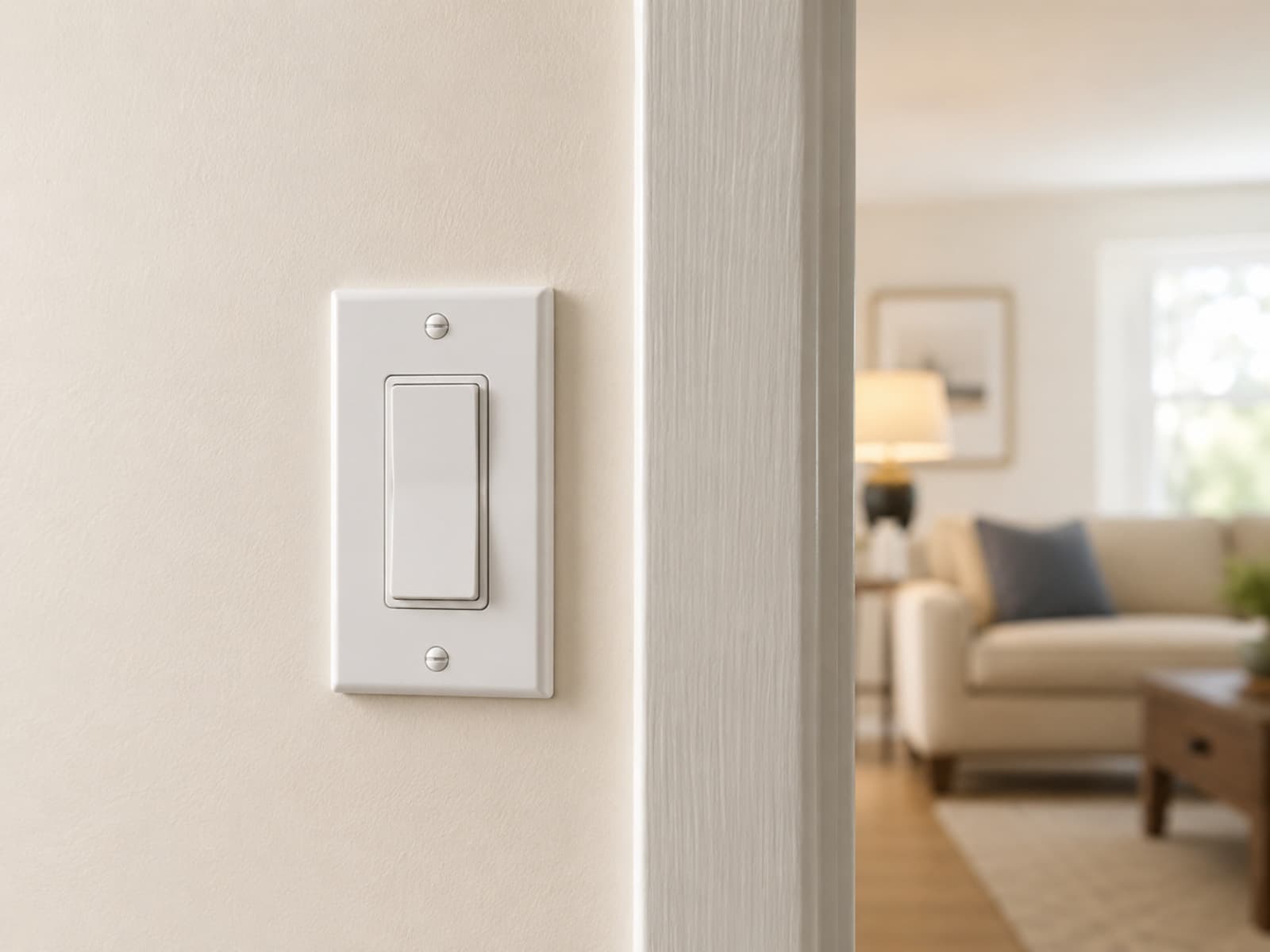 A clean white rocker light switch on a wall beside a living room