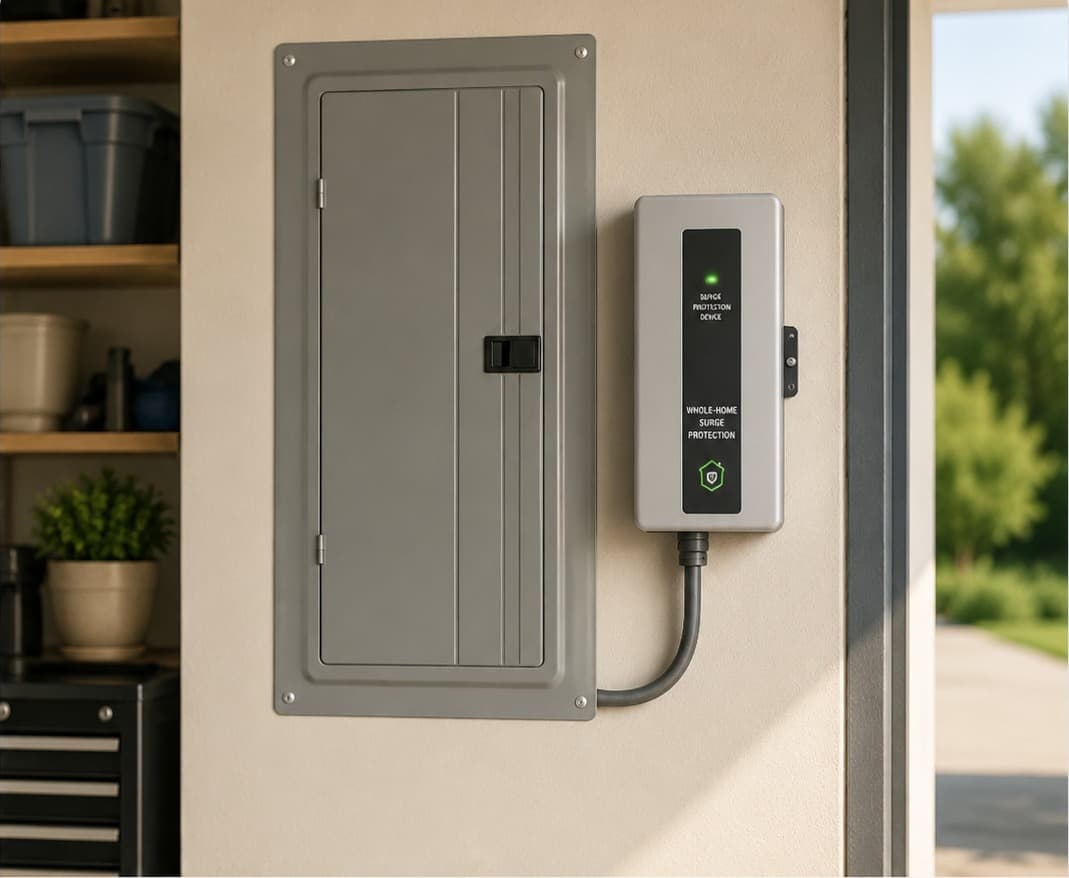 A whole-home surge protection device installed next to an electrical panel
