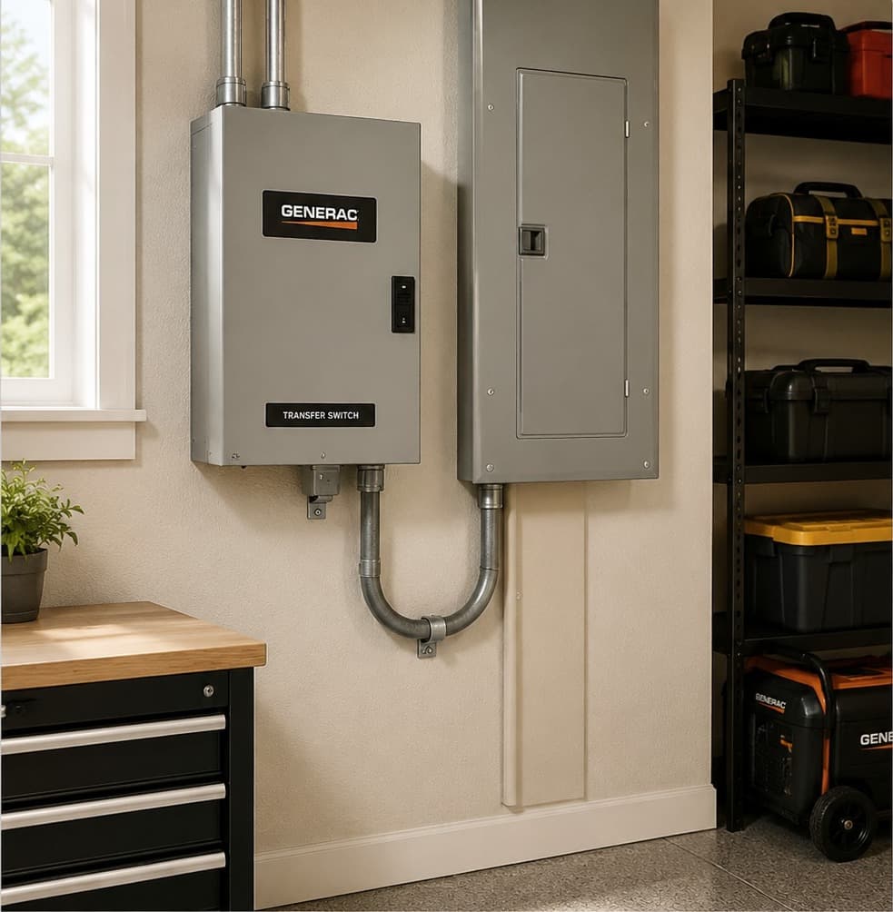 A transfer switch installed next to an electrical panel in a garage