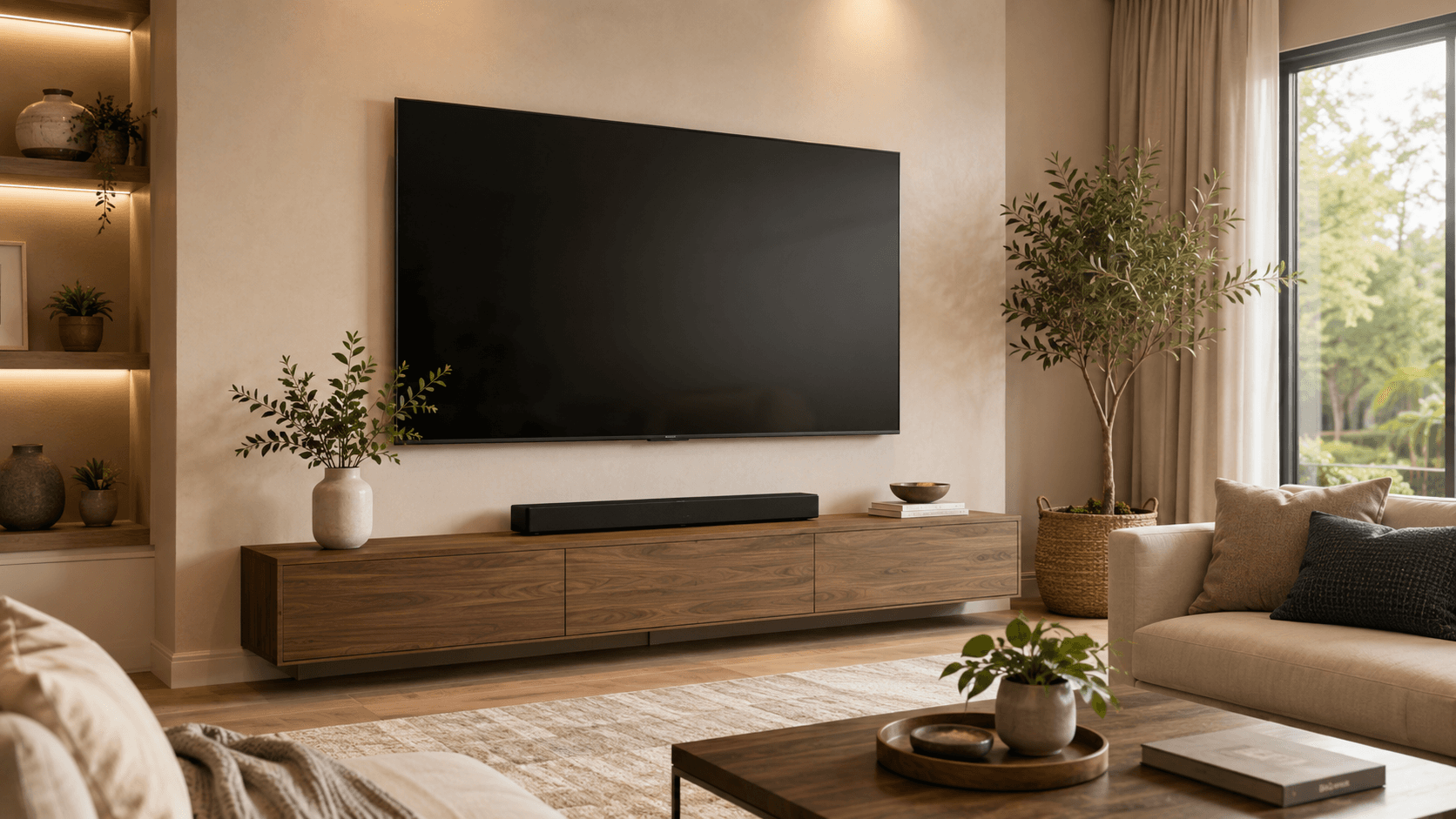 A wall-mounted TV with concealed wiring above a media console in a styled living room