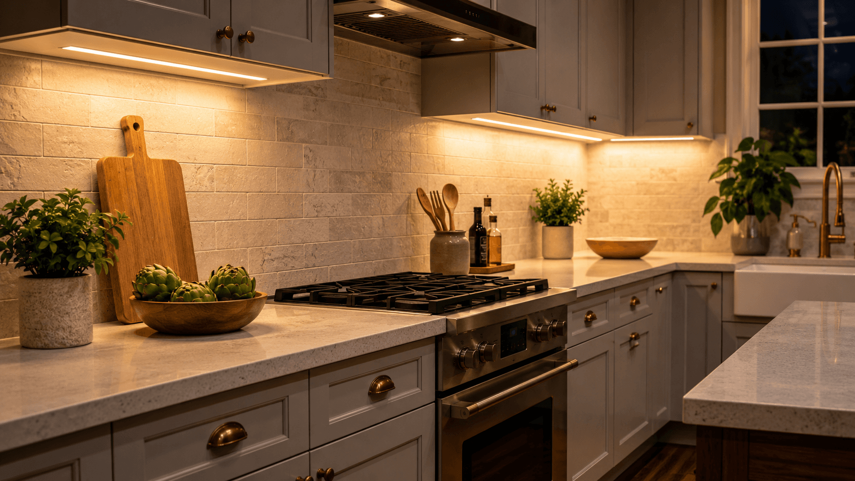 Warm LED under-cabinet lighting illuminating a kitchen countertop and backsplash