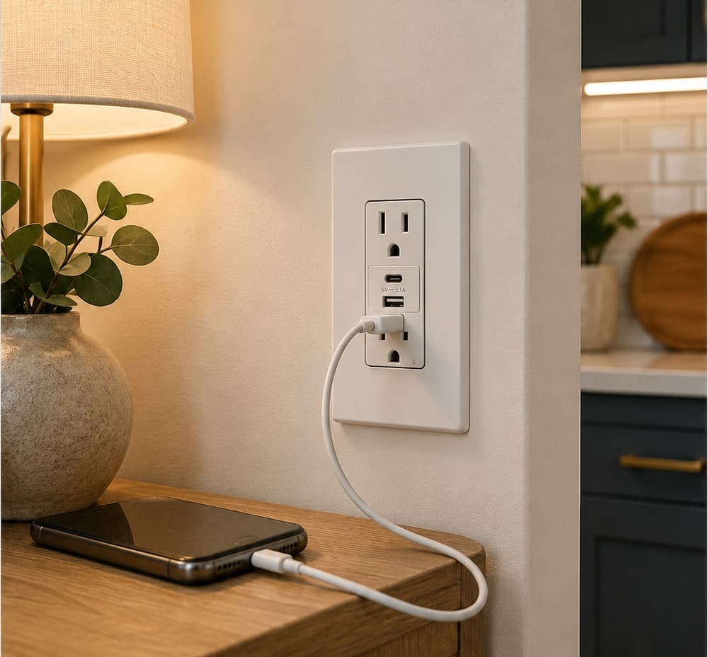 A combination USB-A and USB-C wall outlet charging a phone on a bedside table