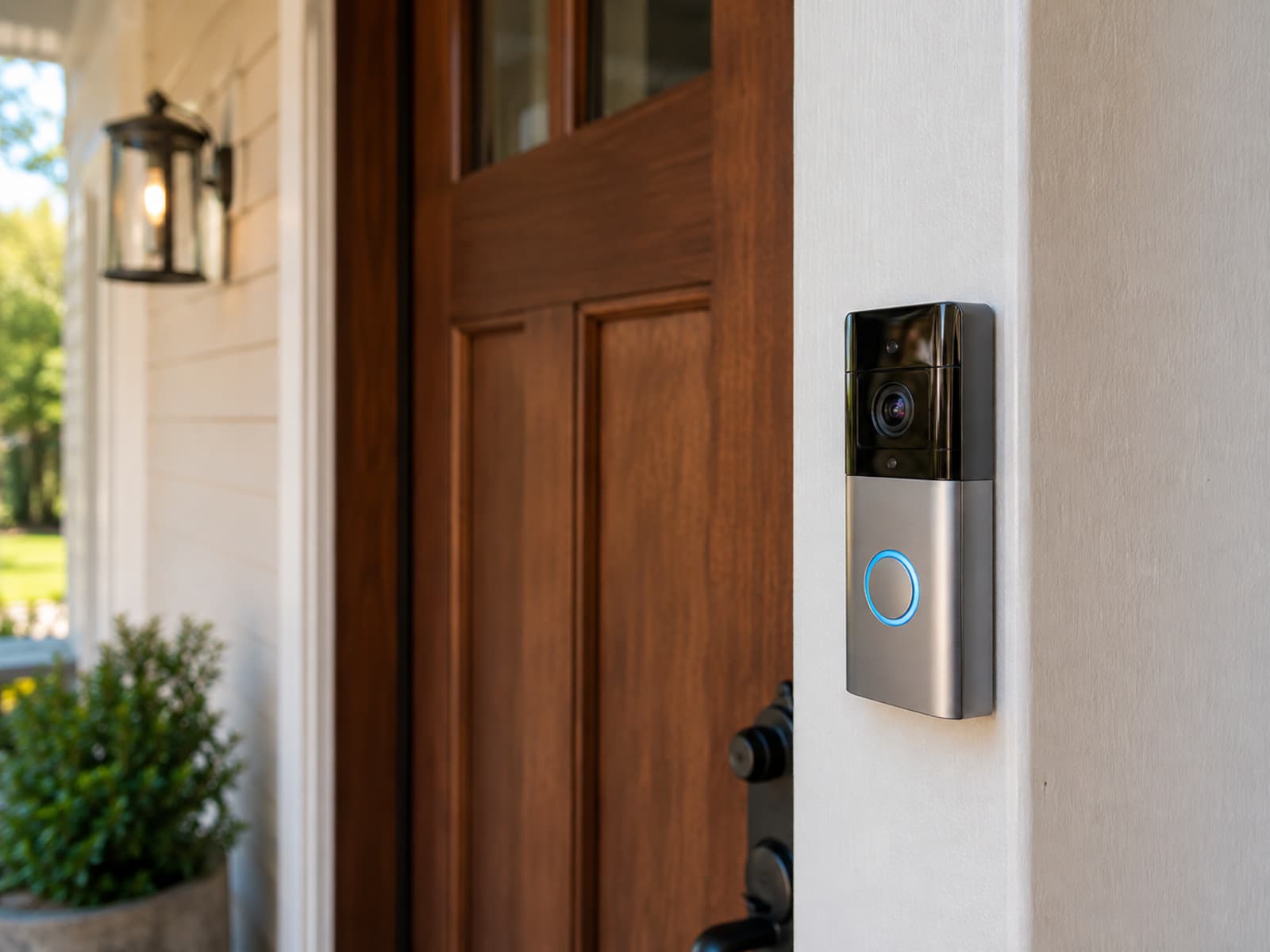 A video doorbell lit and working beside a wood front door