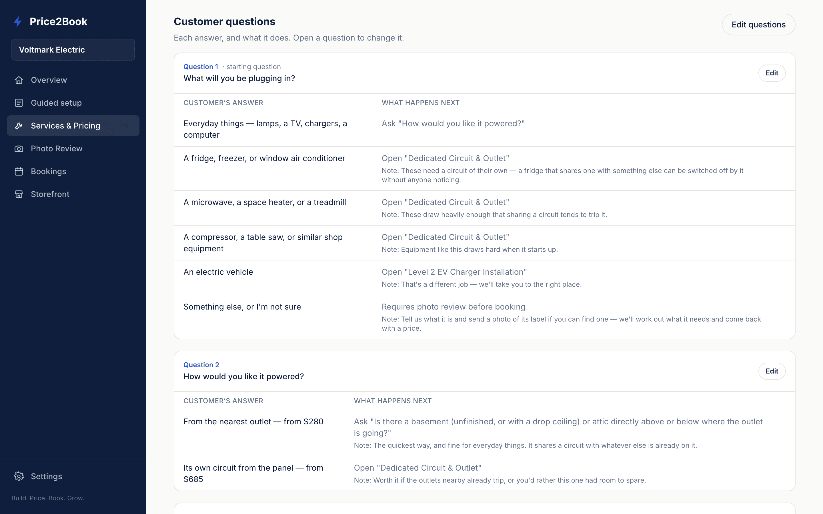 The Guided Pricing editor, showing a question, its answers and what each answer does