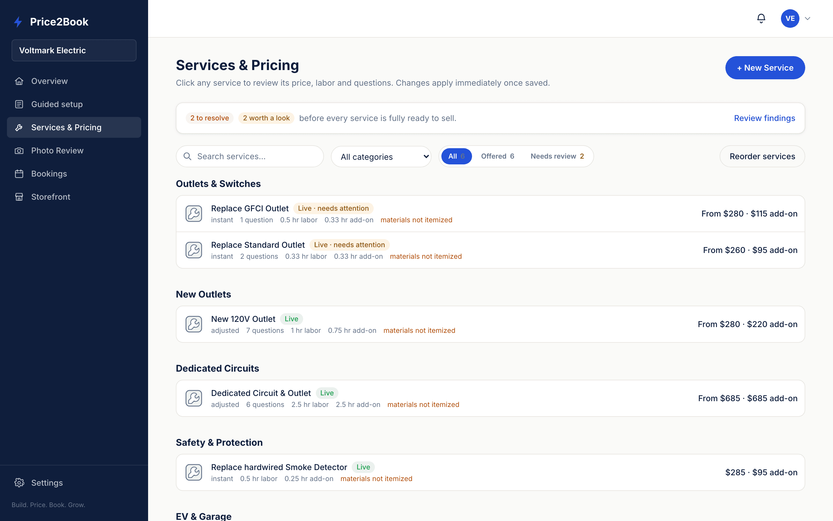 The Services & Pricing catalog, listing each service with its price, labor hours, same-visit price and materials